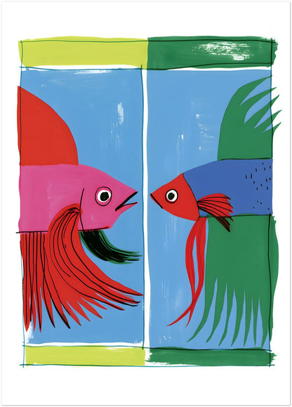 Unframed 20 x 28 inch Siamese fighting fish art print featuring a pink and red fish opposite a red, blue and green fish on a bright blue background.