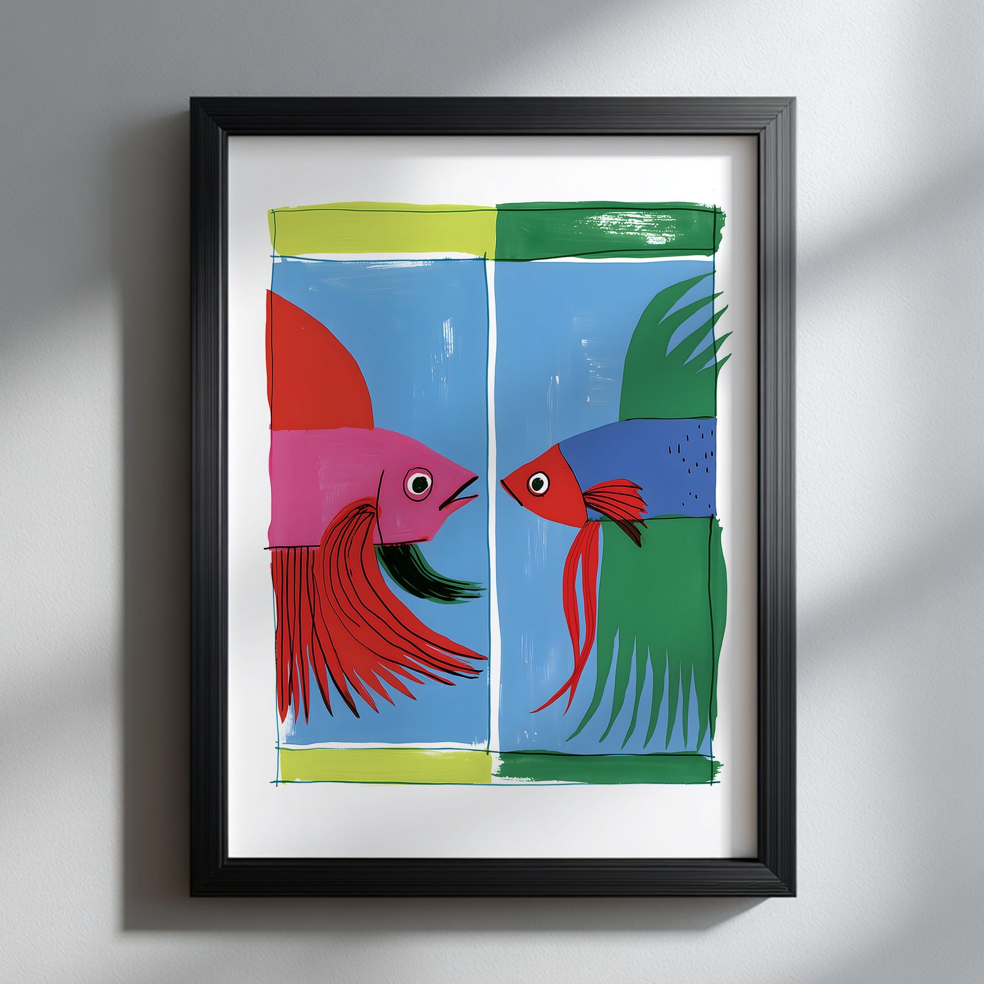 Siamese fighting fish art print displayed in a portrait black frame on a light wall, featuring two colourful betta fish against a graphic blue background.