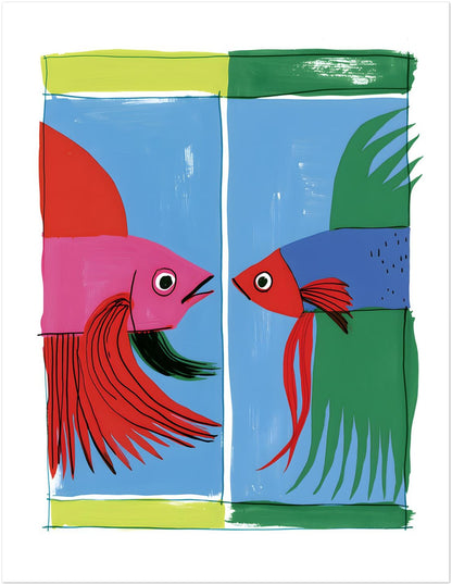 Unframed 11 x 14 inch Siamese fighting fish wall art with two stylised Thai betta fish facing one another in blue, pink, red, green and yellow.