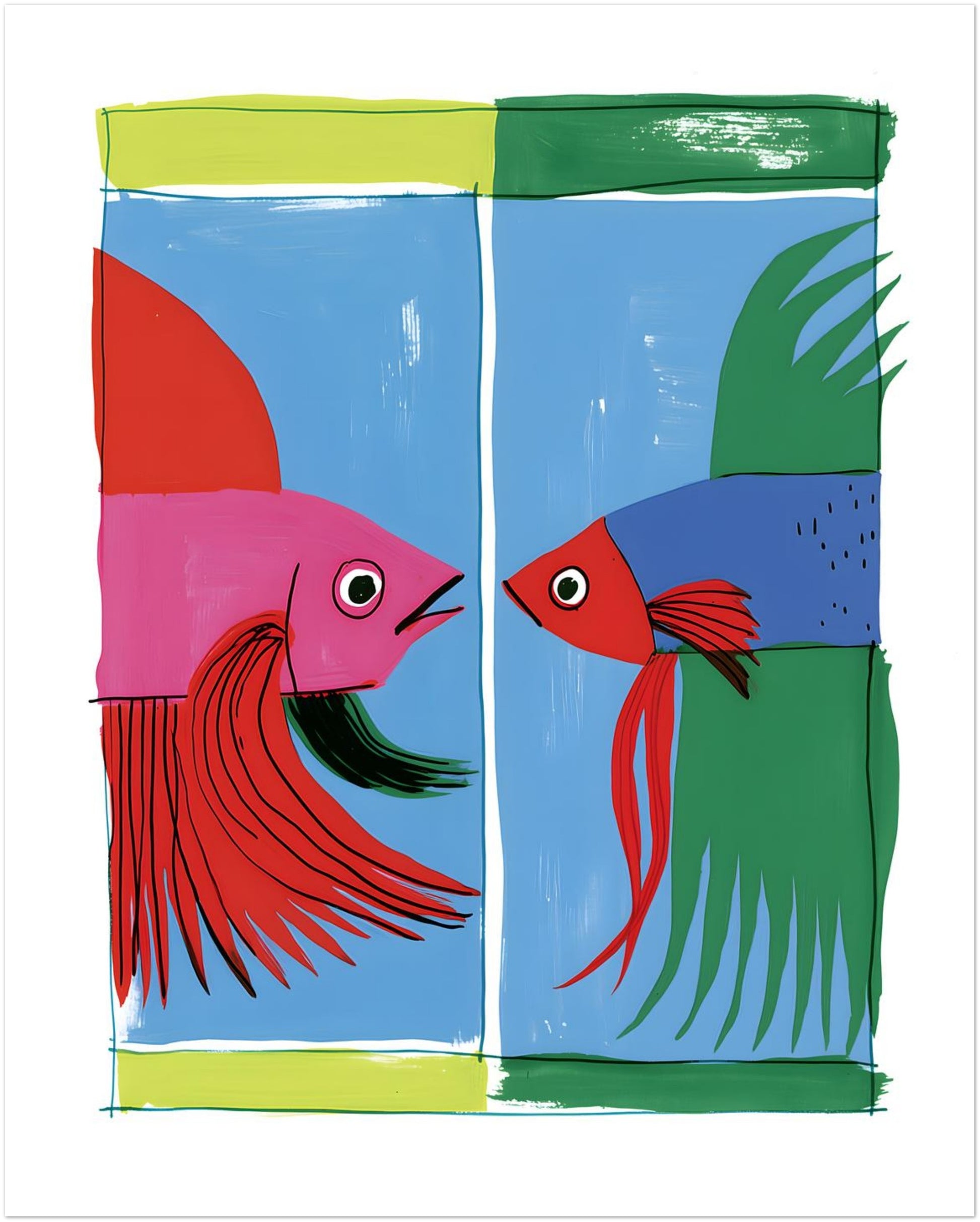 Unframed 8 x 10 inch Thai Siamese fighting fish poster showing two colourful betta fish facing each other against a blue, green, red and pink graphic background.
