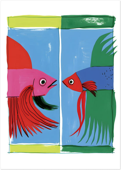 Unframed A2 Thai Siamese fighting fish wall art showing two stylised betta fish in pink, red, blue and green against a bright geometric background.