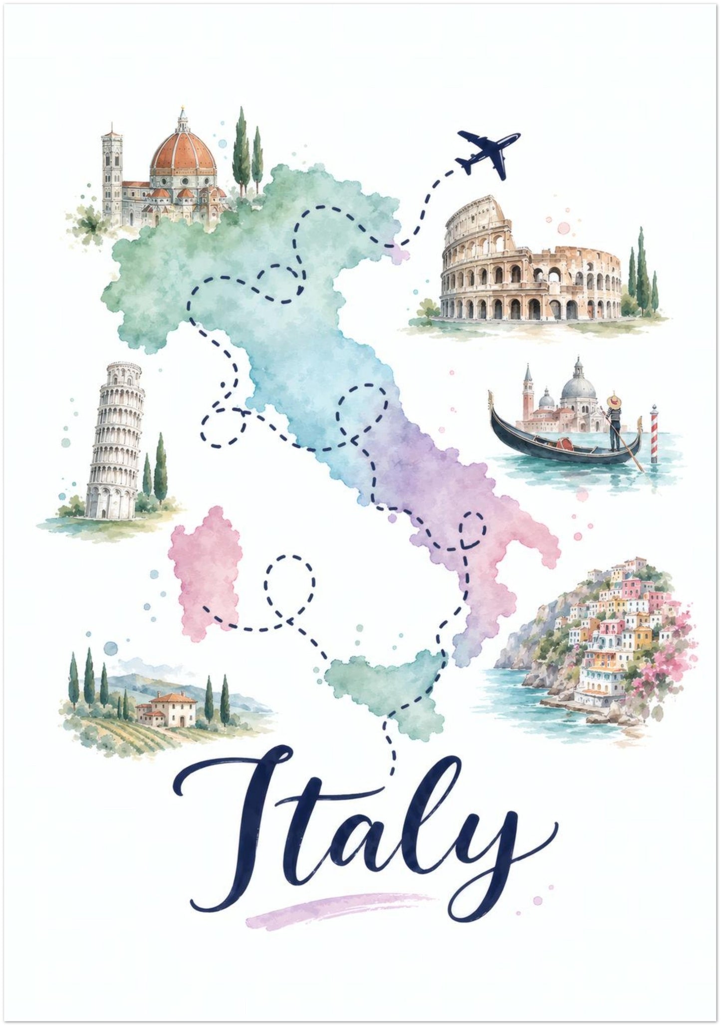 Unframed 20 x 28 inch Italy travel map print in a portrait layout. The artwork shows Italy in pastel green, blue, pink and purple watercolour sections, surrounded by illustrated architecture, monuments and coastal scenes. Dotted journey routes, a small aeroplane and flowing navy Italy lettering create bright Italian wall decor.