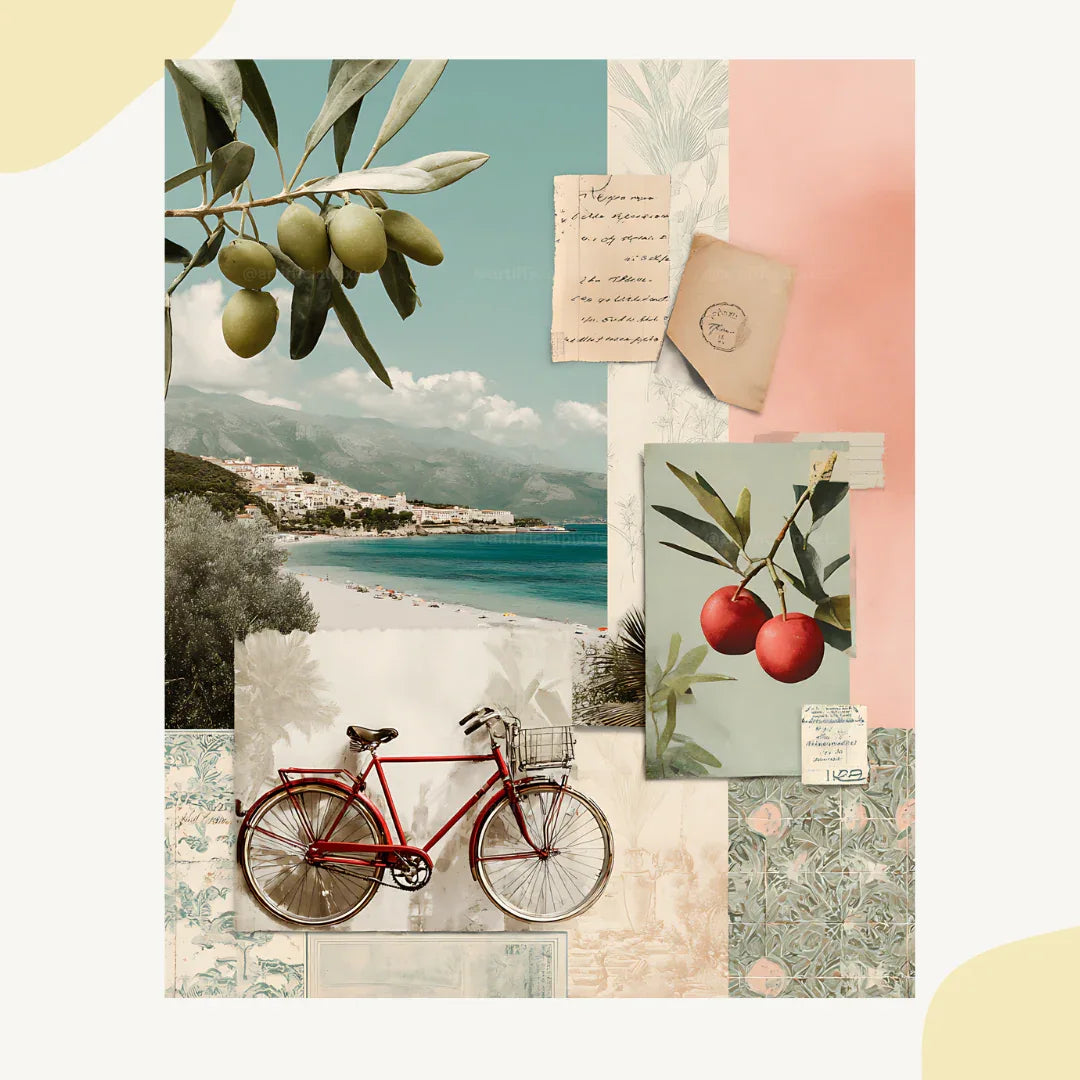 Italian Amalfi Coast Collage Scrapbook Art Prompt for Midjourney AI Image Generator - CITTRA Collective