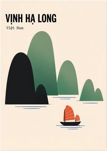 Unframed A2 Ha Long Bay wall print with stylised karst islands in dark charcoal, forest green and pale sage against a warm cream background. A red-sailed traditional Vietnamese boat crosses calm blue water below the Vinh Ha Long heading. Clean, minimalist travel art designed for modern bedrooms, lounges and gallery walls.