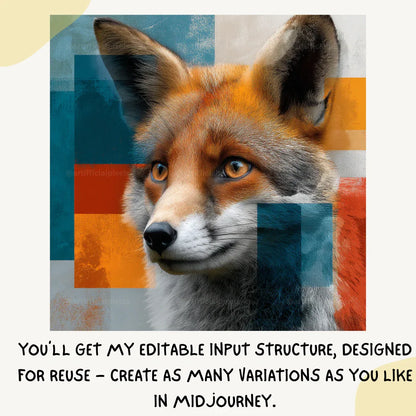 Portrait of a fox in abstract photorealistic style, Midjourney-generated art with vivid colour blocks and geometric composition