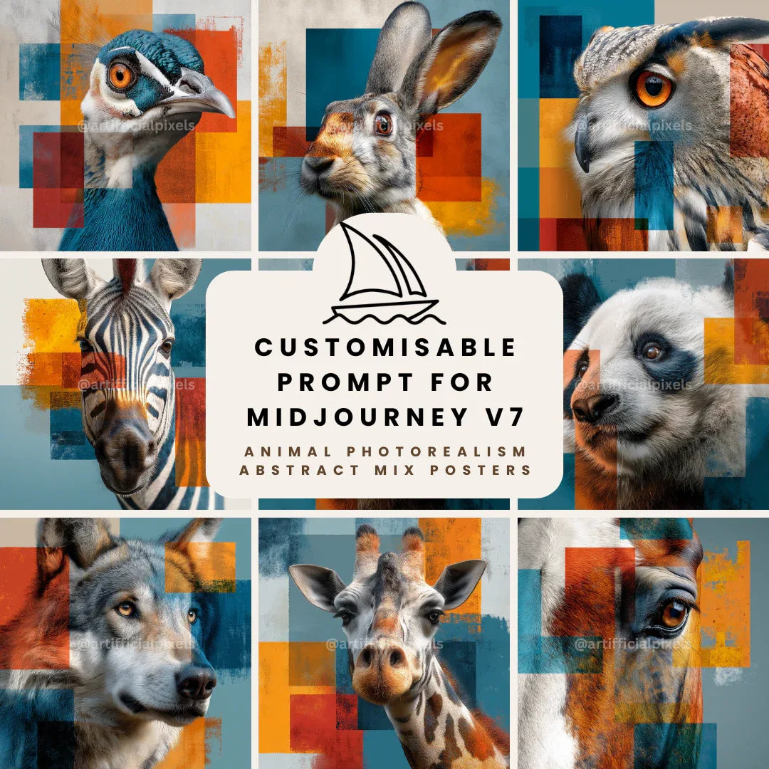 Portrait of a animals in abstract photorealistic style, Midjourney-generated art with vivid colour blocks and geometric composition