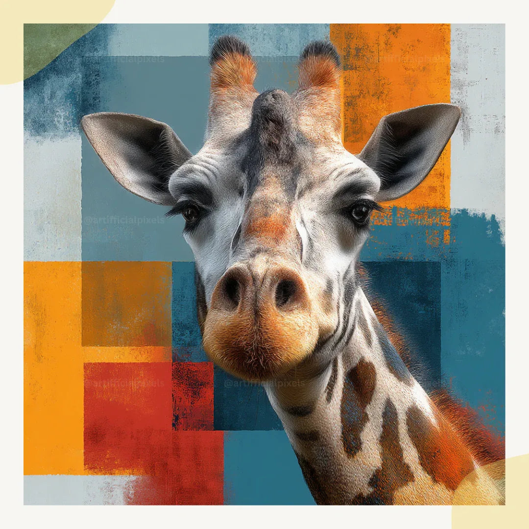Portrait of a giraffe in abstract photorealistic style, Midjourney-generated art with vivid colour blocks and geometric composition
