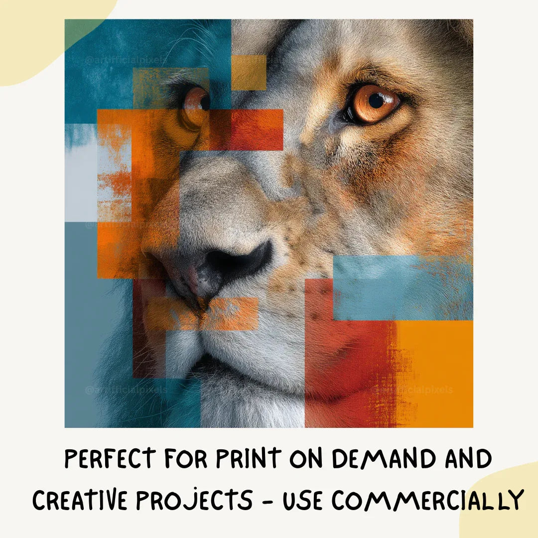Portrait of a lion in abstract photorealistic style, Midjourney-generated art with vivid colour blocks and geometric composition