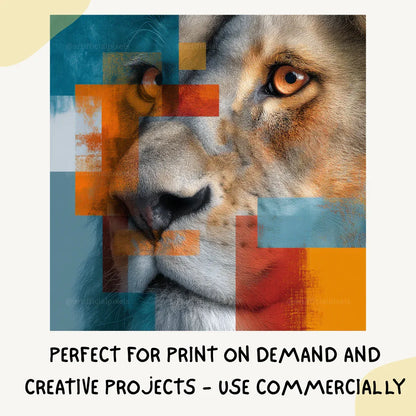Portrait of a lion in abstract photorealistic style, Midjourney-generated art with vivid colour blocks and geometric composition