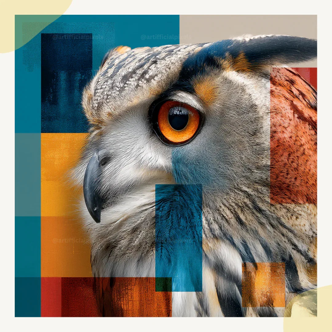 Portrait of a owl in abstract photorealistic style, Midjourney-generated art with vivid colour blocks and geometric composition