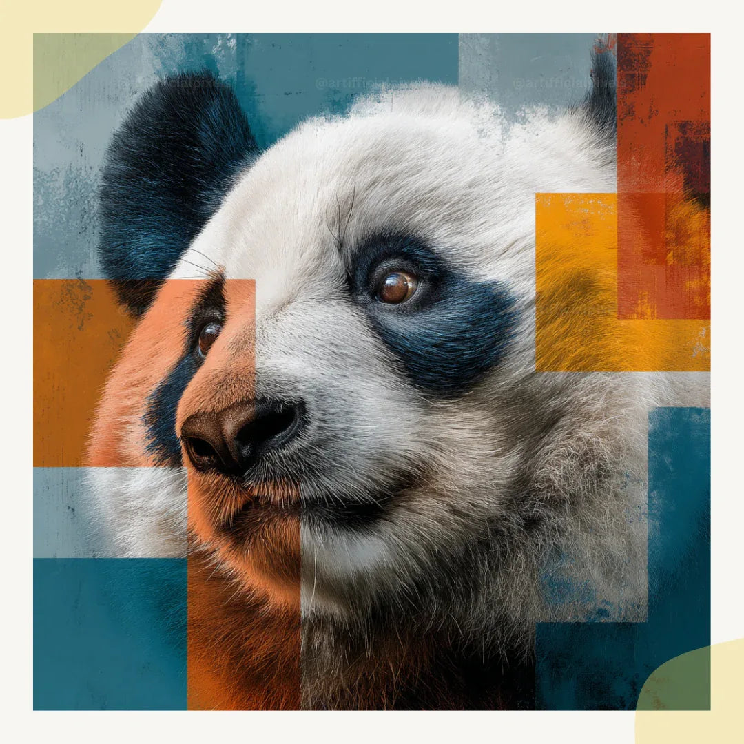 Portrait of a panda in abstract photorealistic style, Midjourney-generated art with vivid colour blocks and geometric composition