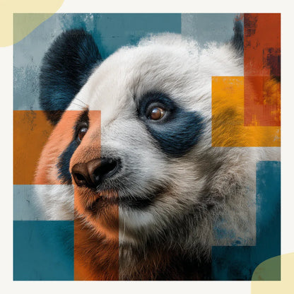 Portrait of a panda in abstract photorealistic style, Midjourney-generated art with vivid colour blocks and geometric composition