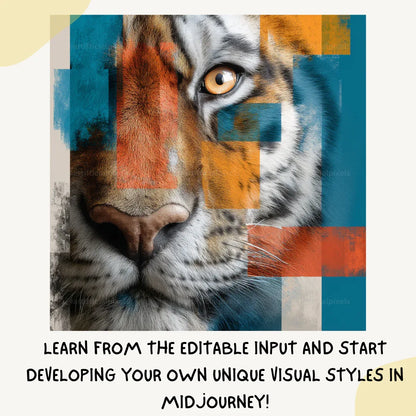 Portrait of a tiger in abstract photorealistic style, Midjourney-generated art with vivid colour blocks and geometric composition