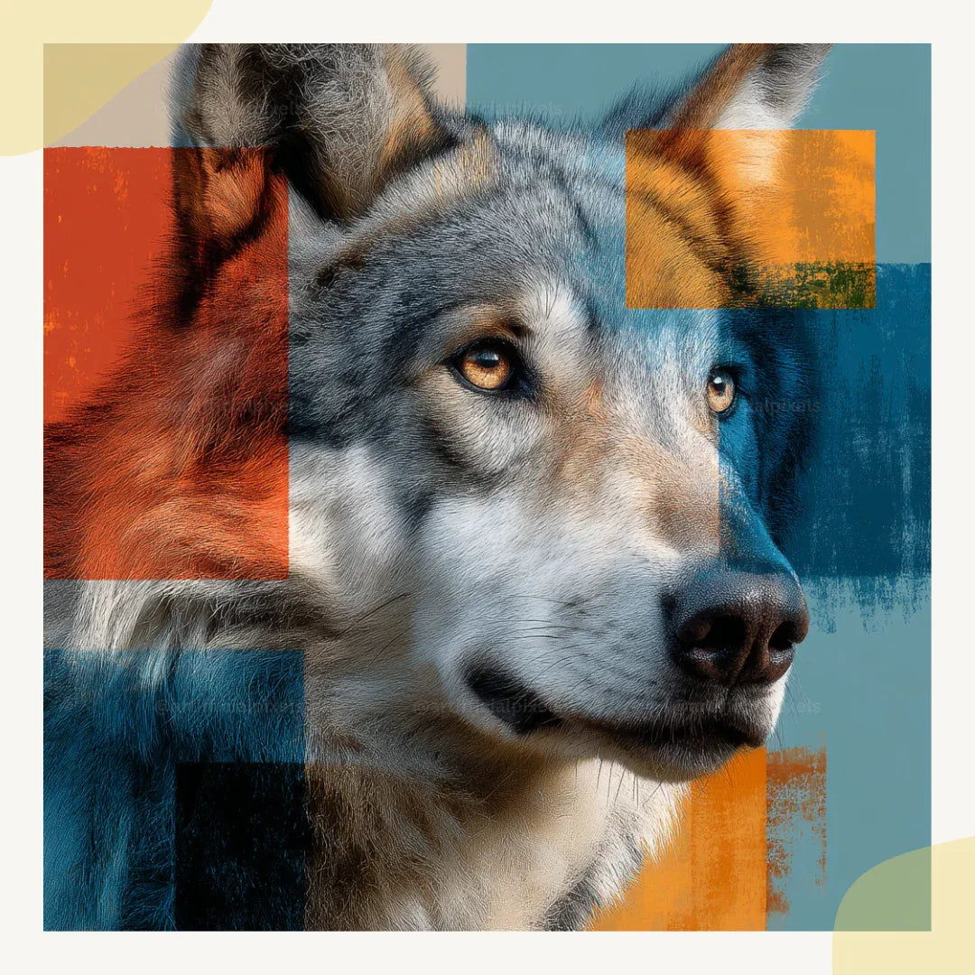 Portrait of a wolf in abstract photorealistic style, Midjourney-generated art with vivid colour blocks and geometric composition