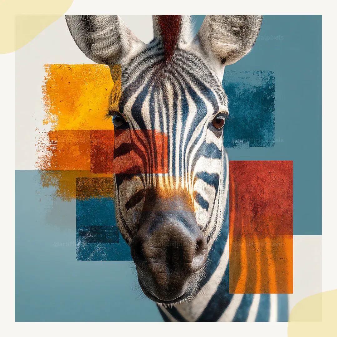 Portrait of a zebra in abstract photorealistic style, Midjourney-generated art with vivid colour blocks and geometric composition