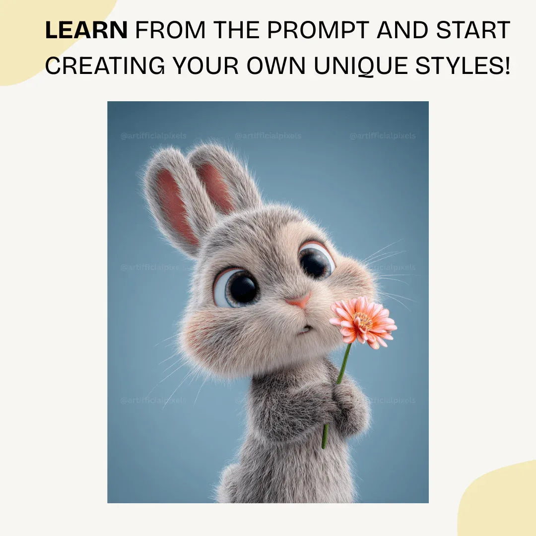 Sweet rabbit character in Pixar animation style with soft fur perfect for nursery prints and commercial use

