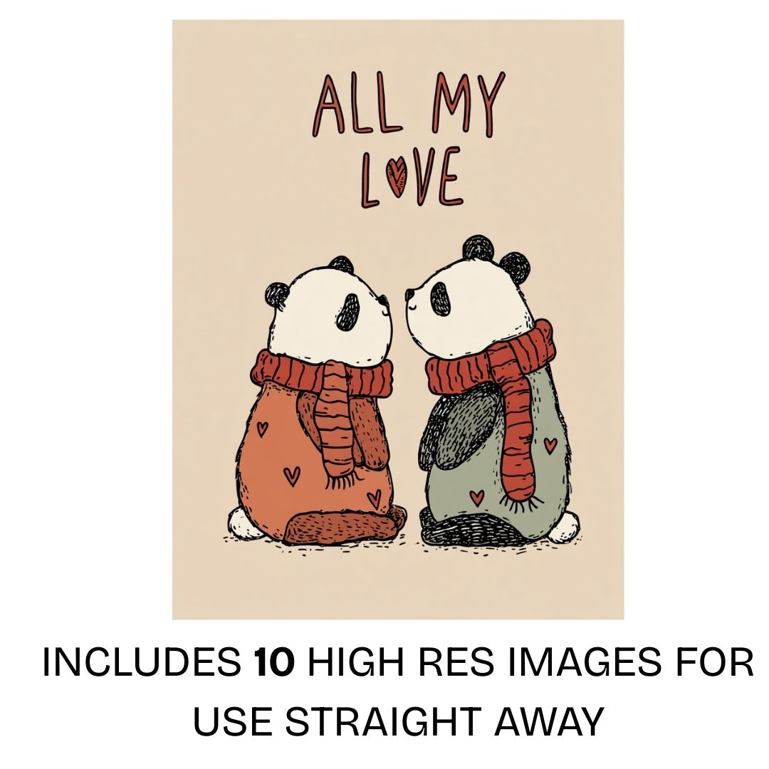 Hand drawn panda couple wearing scarves with all my love text in a romantic valentines style