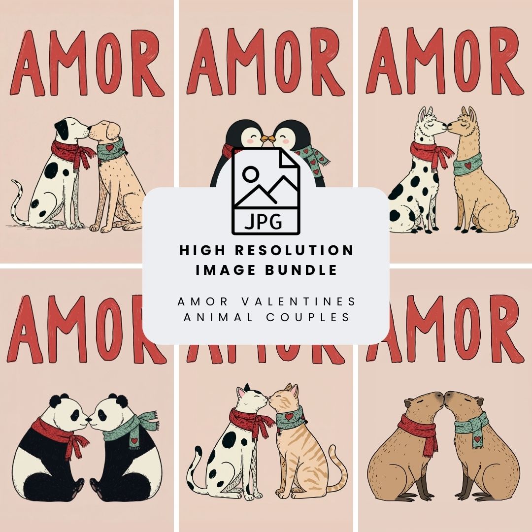 Preview of six amor animal couples illustrations including dogs cats pandas penguins and bears