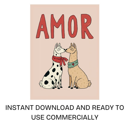 Amor llama couple illustration available as an instant digital download with commercial rights