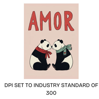 Amor panda couple valentines illustration set to 300 DPI professional print standard