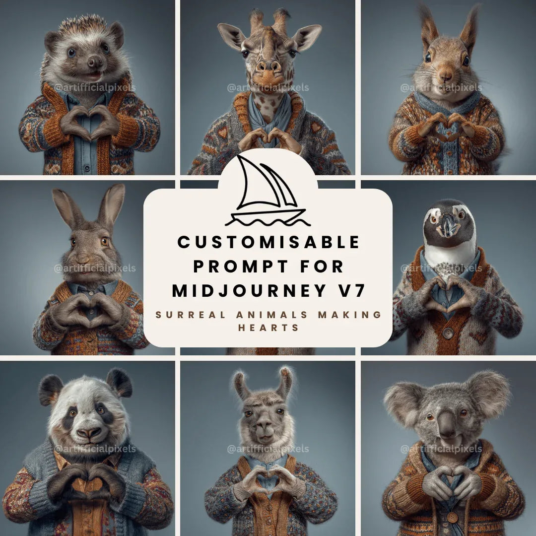 Animals making hearts Midjourney prompt collection - surreal AI art featuring animals in knitted jumpers forming heart shapes
