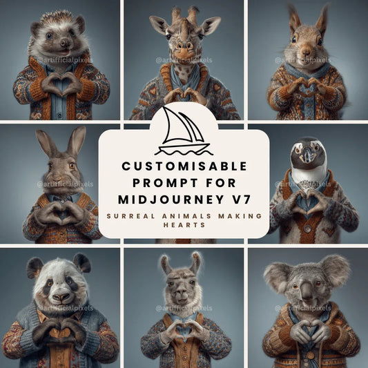 Animals making hearts Midjourney prompt collection - surreal AI art featuring animals in knitted jumpers forming heart shapes
