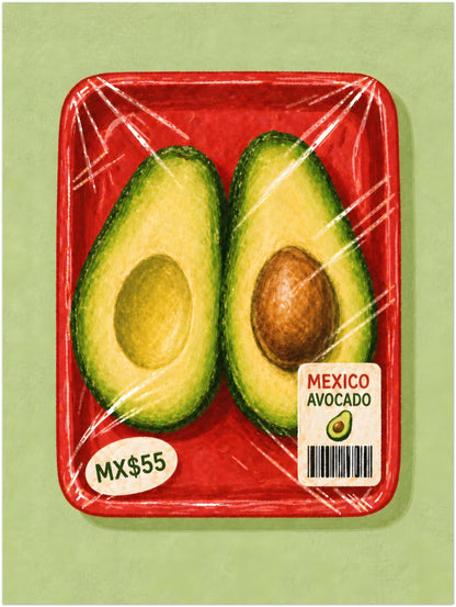 18 x 24 inch unframed avocado produce poster with green fruit, yellow flesh, red food packaging and Mexican label details for kitchen wall decor.