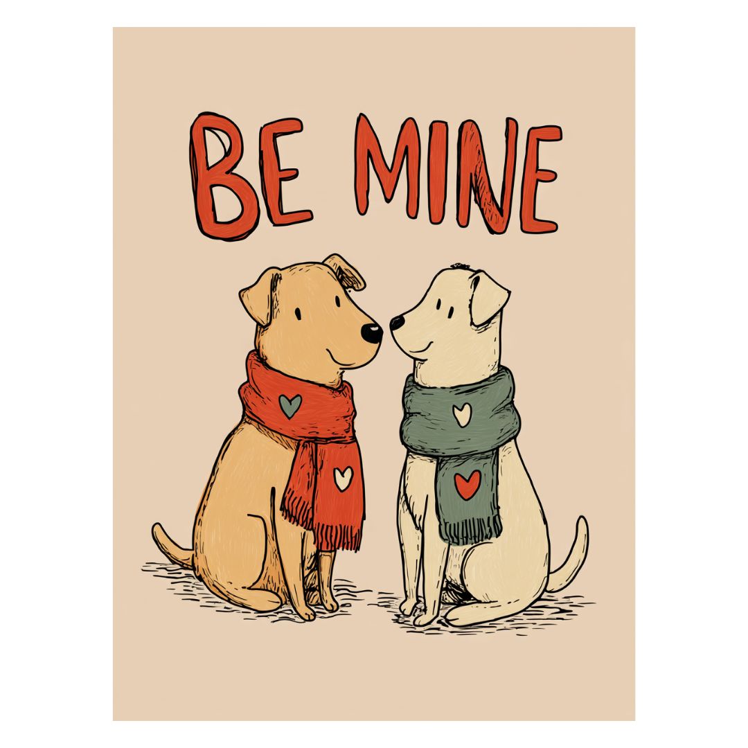 Animal couple wearing scarves with be mine text in a romantic illustration style