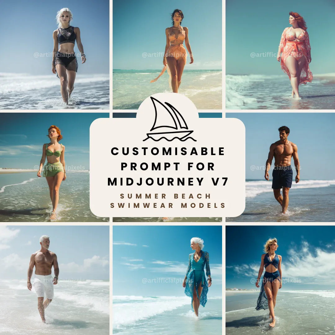 Summer Models on the Beach Prompt for Midjourney AI Image Generator - CITTRA Collective