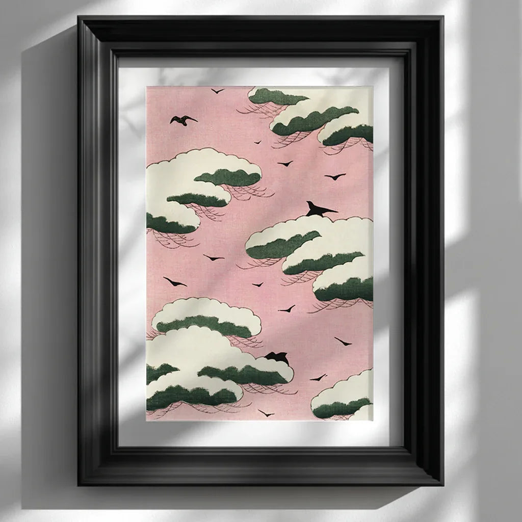 Minimalist Japanese art print featuring stylised green clouds on a soft pink background, framed in sleek black wood and displayed on a white wall—modern nature-inspired wall art for home décor.