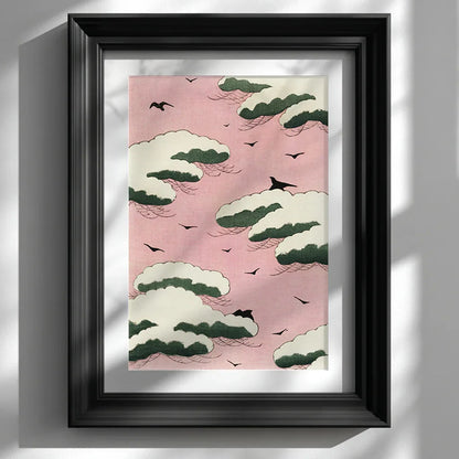 Minimalist Japanese art print featuring stylised green clouds on a soft pink background, framed in sleek black wood and displayed on a white wall—modern nature-inspired wall art for home décor.