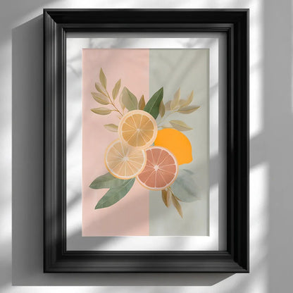 Pastel citrus wall art print featuring grapefruit, orange and lemon on a split pink and beige background, displayed in a black frame against a clean white wall for a modern minimal interior look.