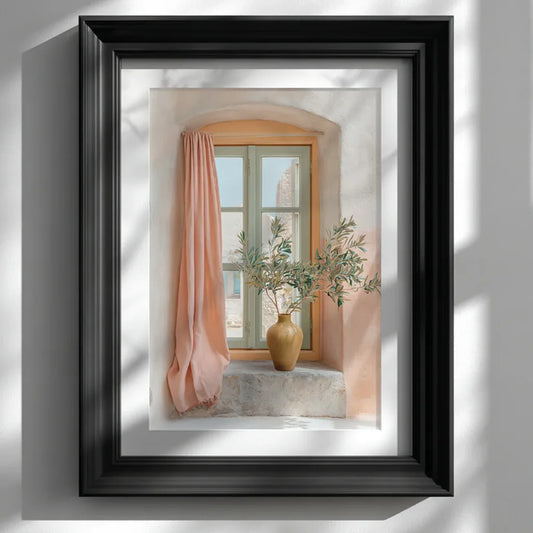 Pastel window-view wall art featuring a sunlit room with soft peach curtains and a vase of branches, displayed in a glossy black frame against a clean white wall for a modern interior look.