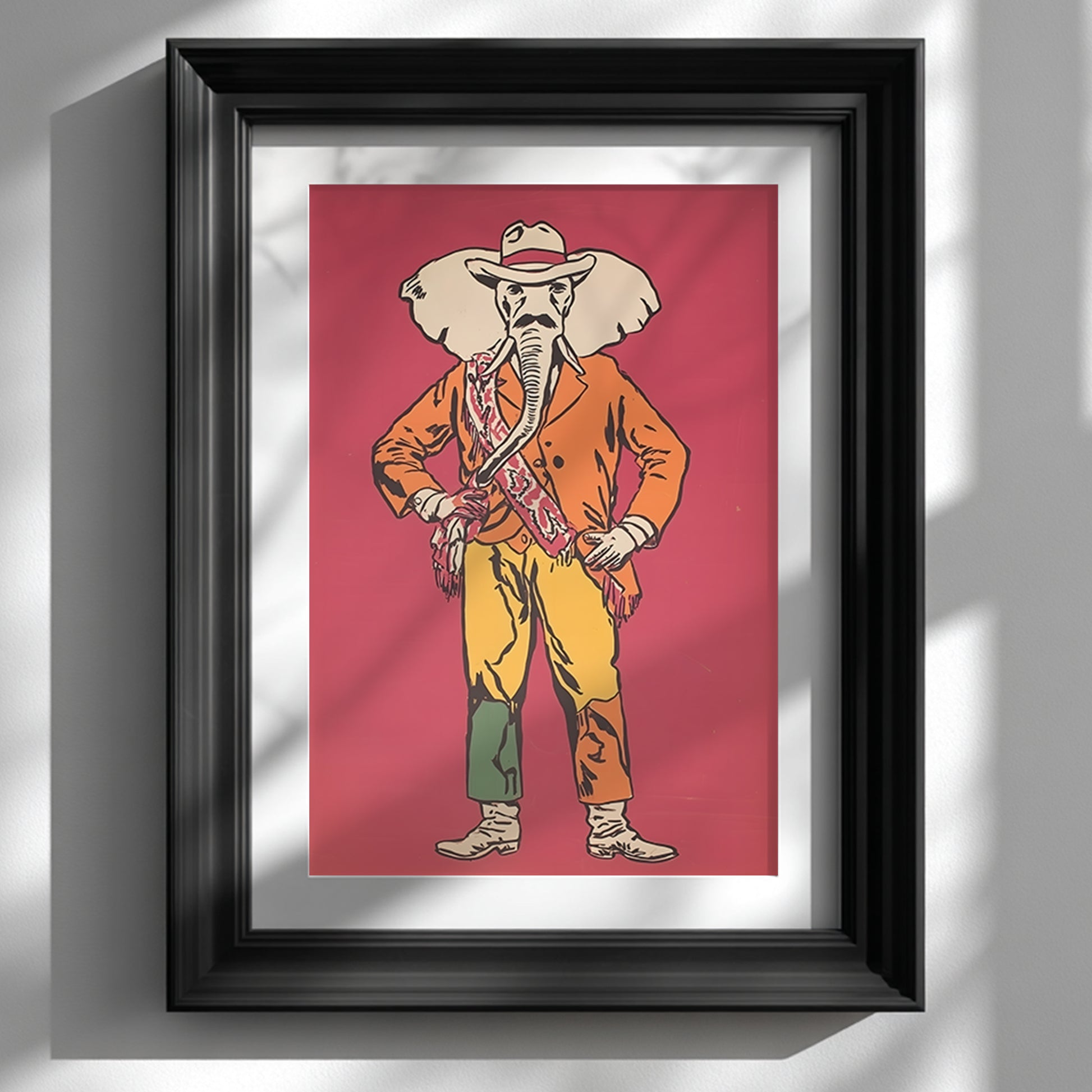 Elephant Cowboy wall art in a glossy black frame hung on a white wall. The artwork shows a quirky elephant dressed as a cowboy in an orange jacket, yellow trousers, boots and hat, set against a rich red background. Styled as western wall art and funny animal poster decor, the framed print suits eclectic interiors, home offices, games rooms and bold gallery walls.