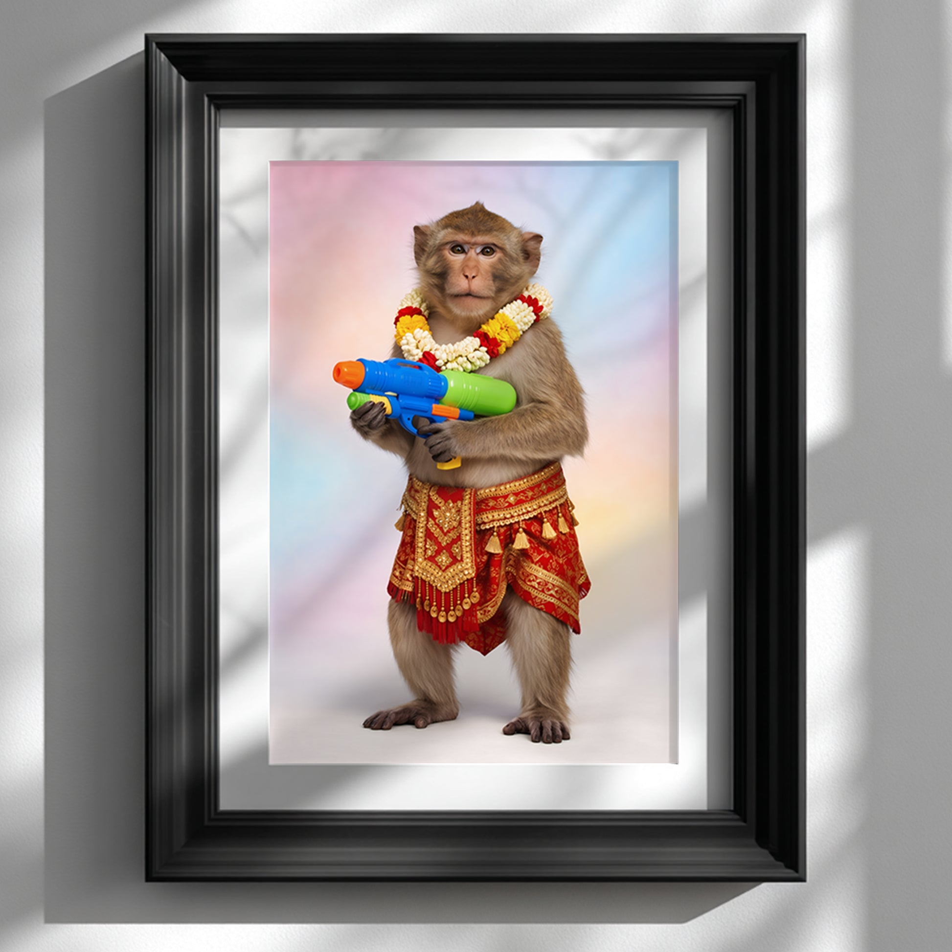 Black framed Thai Songkran Monkey wall art mockup on a white wall with soft window shadows. The artwork shows a monkey standing upright in a red and gold Thai outfit, wearing a flower garland and holding a bright blue, green and orange water gun against a pastel background. Styled as colourful monkey wall art and Thai culture decor for a modern living room, hallway or gallery wall.