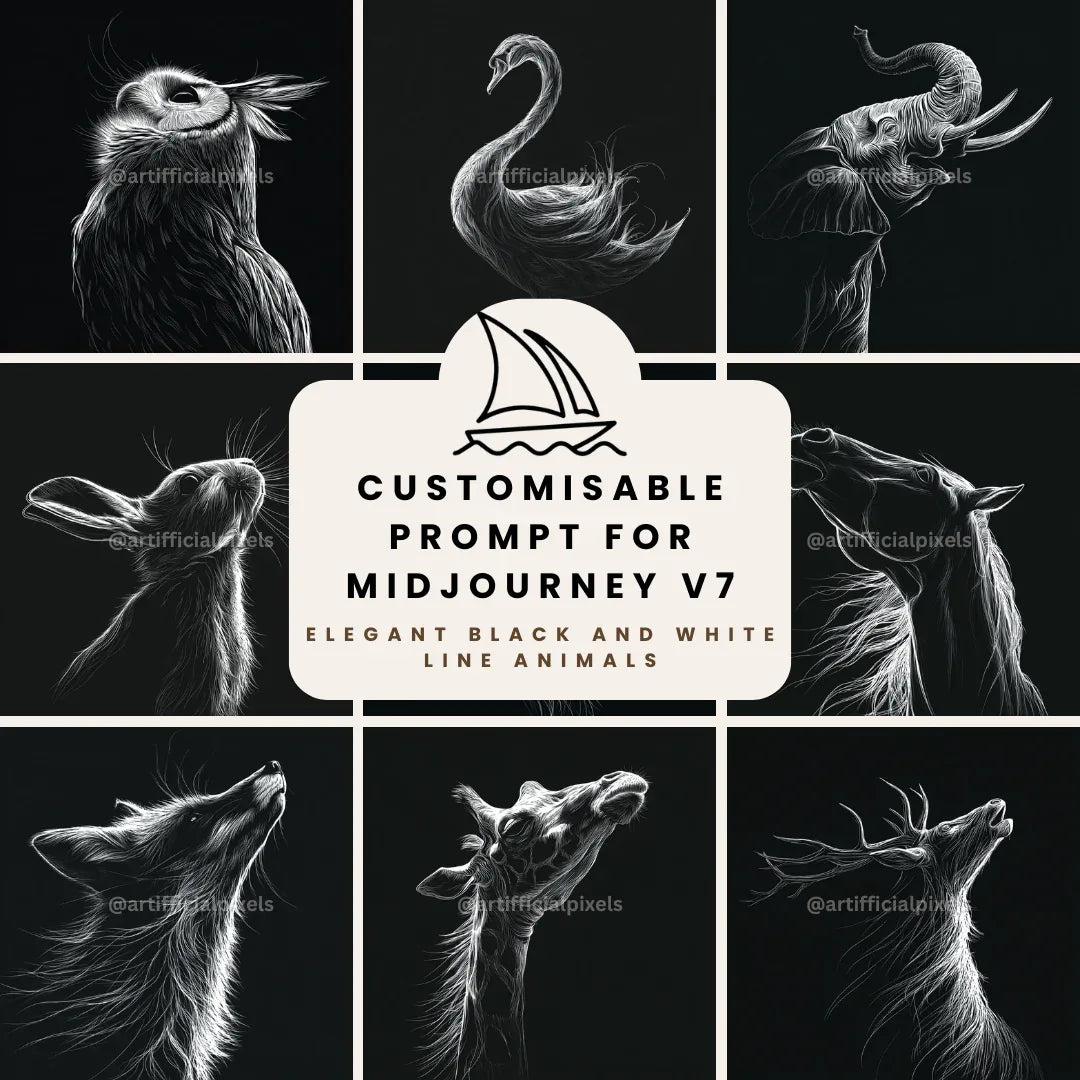 Black and white animal line art Midjourney prompt bundle cover featuring elegant minimalist design for digital artists and print creators

