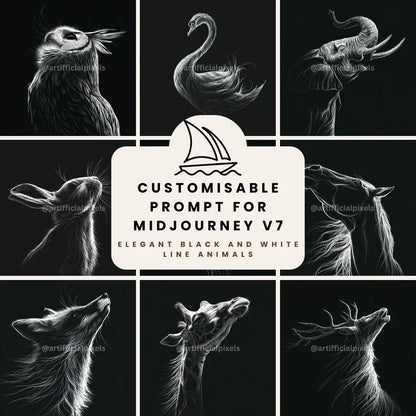 Black and white animal line art Midjourney prompt bundle cover featuring elegant minimalist design for digital artists and print creators


