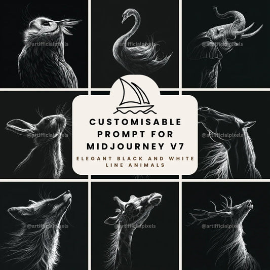Black and white animal line art Midjourney prompt bundle cover featuring elegant minimalist design for digital artists and print creators

