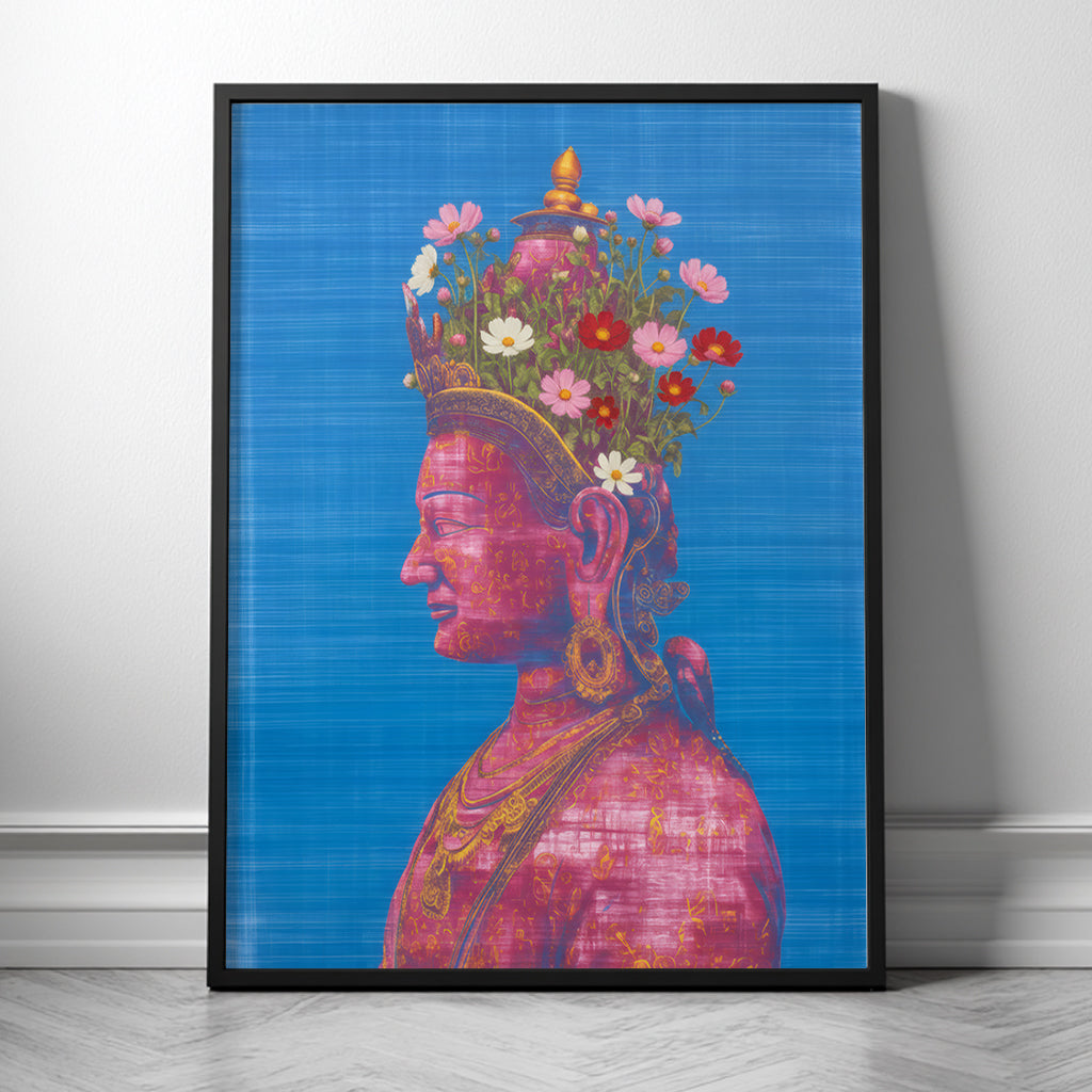 Black wood framed pink and green Tara Buddhist art print, showing a pink side-profile figure with floral crown against a textured blue background.