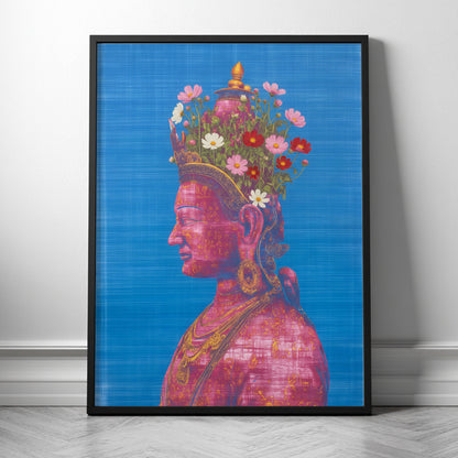 Black wood framed pink and green Tara Buddhist art print, showing a pink side-profile figure with floral crown against a textured blue background.