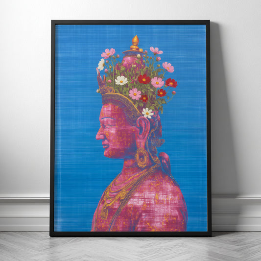 Black wood framed pink and green Tara Buddhist art print, showing a pink side-profile figure with floral crown against a textured blue background.