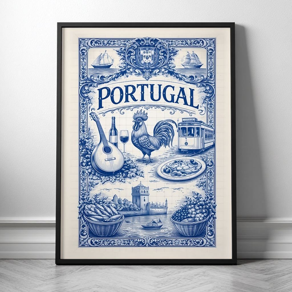 Framed Portugal art poster in a black wood frame featuring a blue azulejo tile illustration with Portuguese cultural symbols including a rooster, guitar, wine bottle, tram, seafood dish, sailing ships, and coastal architecture. A ready-to-hang portuguese tile art print inspired by Portugal traditions and cultural symbolism.