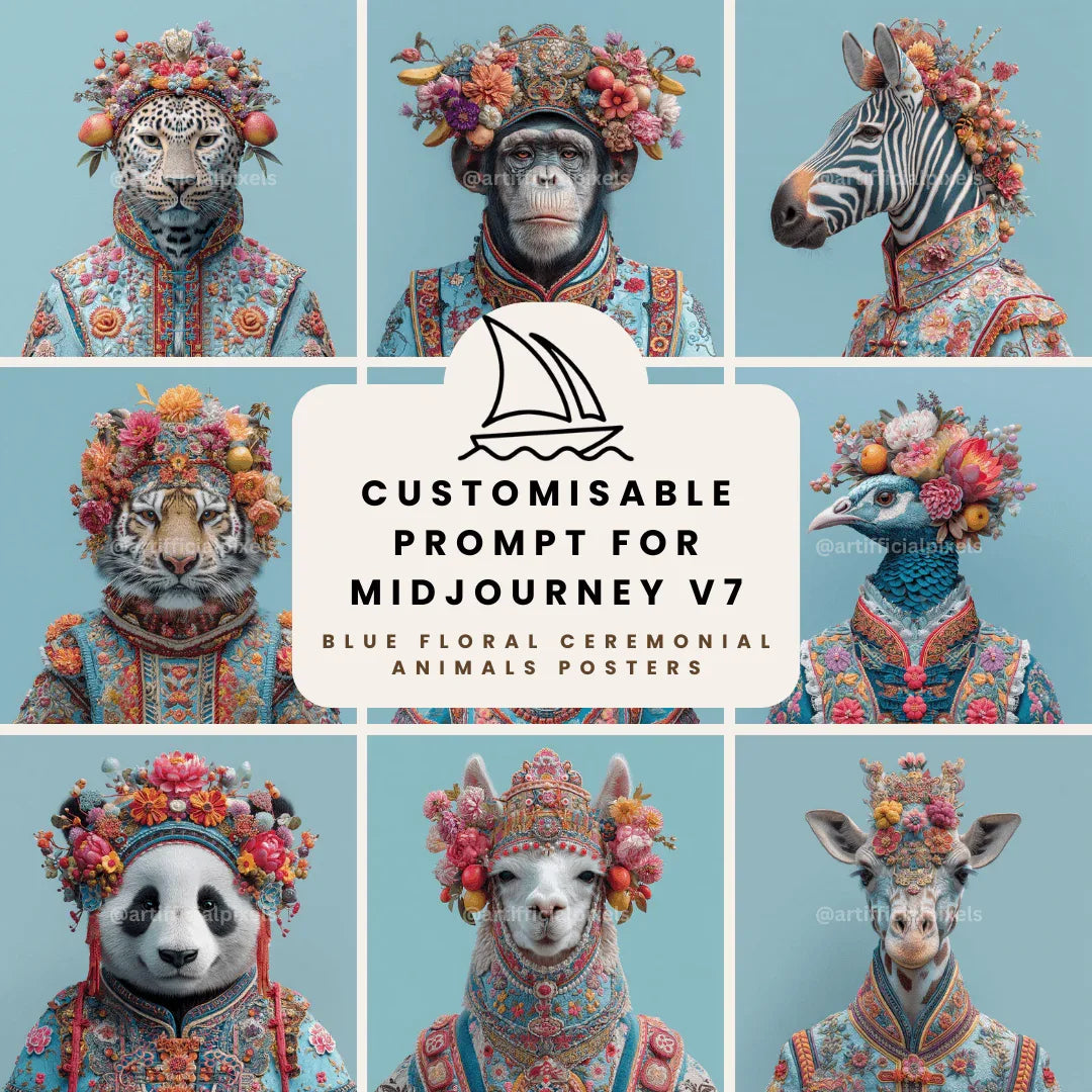 Blue ceremonial animal art collection showing multiple species with intricate embroidery and floral details created using Midjourney prompt

