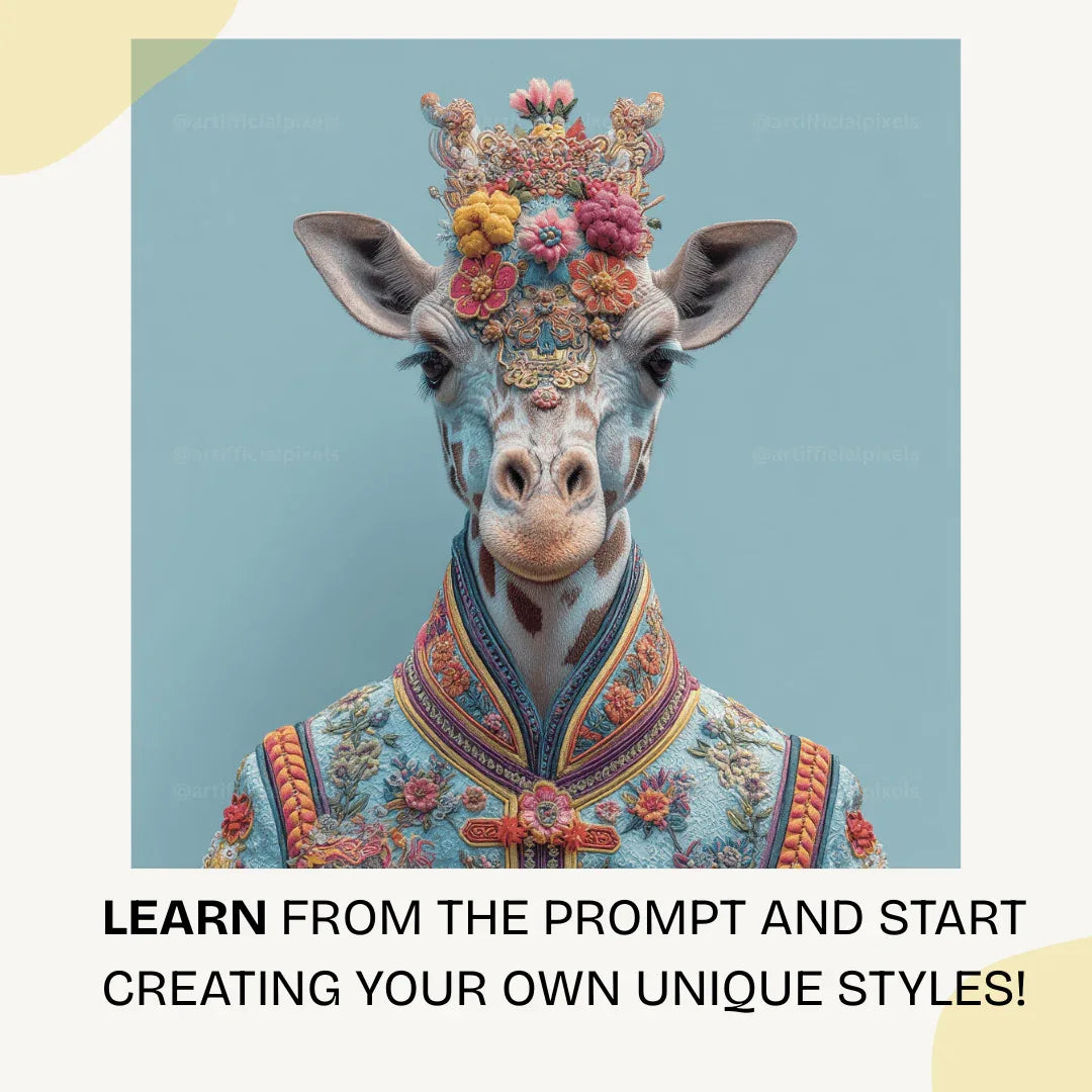 Stunning ceremonial giraffe artwork featuring blue floral embroidery and intricate decorative patterns for wall art

