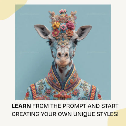 Stunning ceremonial giraffe artwork featuring blue floral embroidery and intricate decorative patterns for wall art

