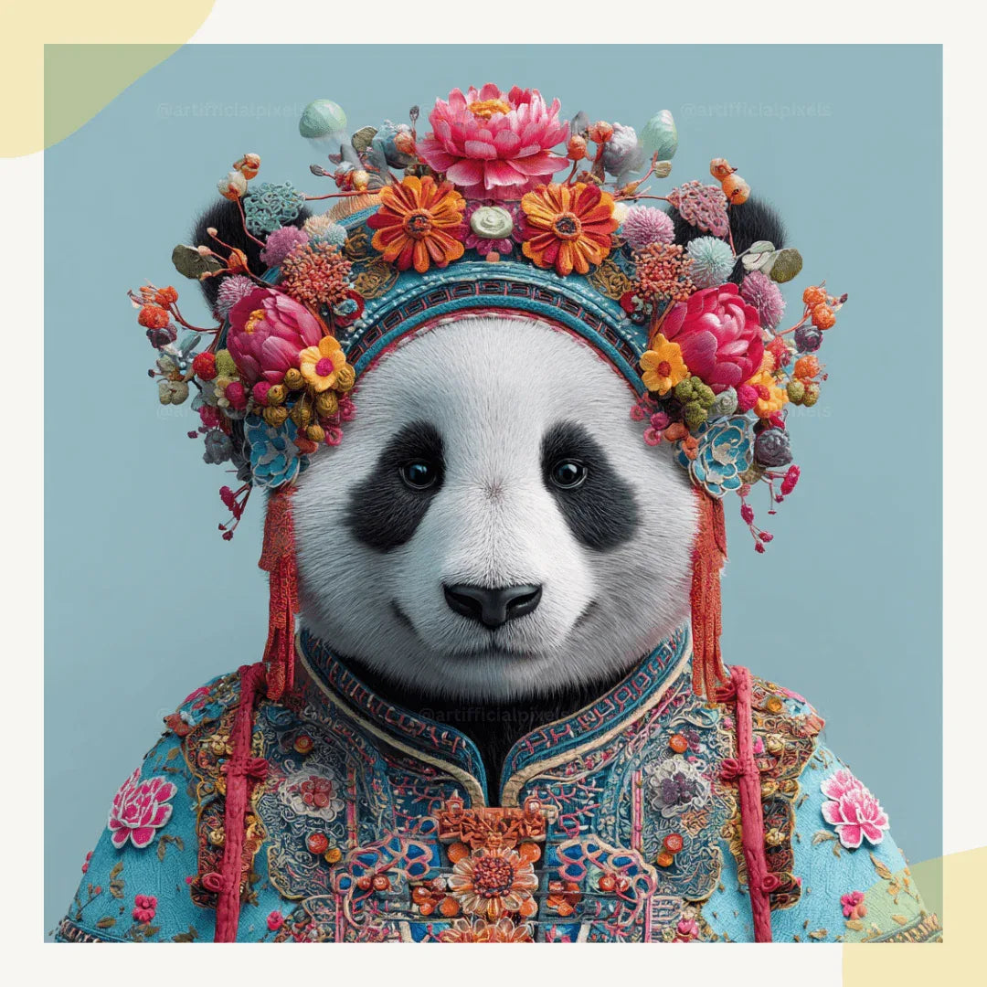 Adorable ceremonial panda artwork featuring blue floral embroidery and decorative elements for nursery and wall art

