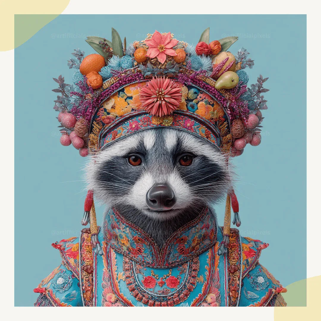 Whimsical ceremonial raccoon artwork adorned with blue floral embroidery and ornate details for unique home decor

