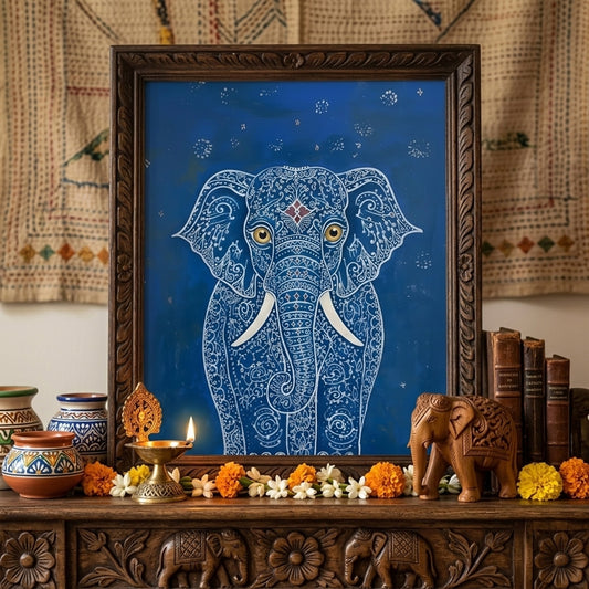 Blue Elegant Elephant Print styled above a rustic mantel with seasonal decor, candles, books and warm earthy accessories. The artwork features a front-facing elephant with white decorative pattern lines, gold eyes and white tusks on a deep blue background. A cosy room mockup for elephant wall art, Indian-inspired elephant print and decorative blue animal art in a living room setting.