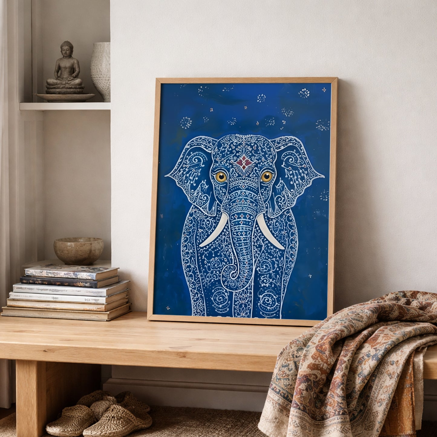 Framed Blue Elegant Elephant Print styled on a wooden shelf beside stacked books, pottery and soft textured fabric. The elephant artwork features white ornate pattern lines, gold eyes and white tusks on a deep blue background. A lifestyle image for elephant wall decor, Indian-inspired elephant poster, decorative blue elephant wall art and eclectic shelf styling in a modern interior.