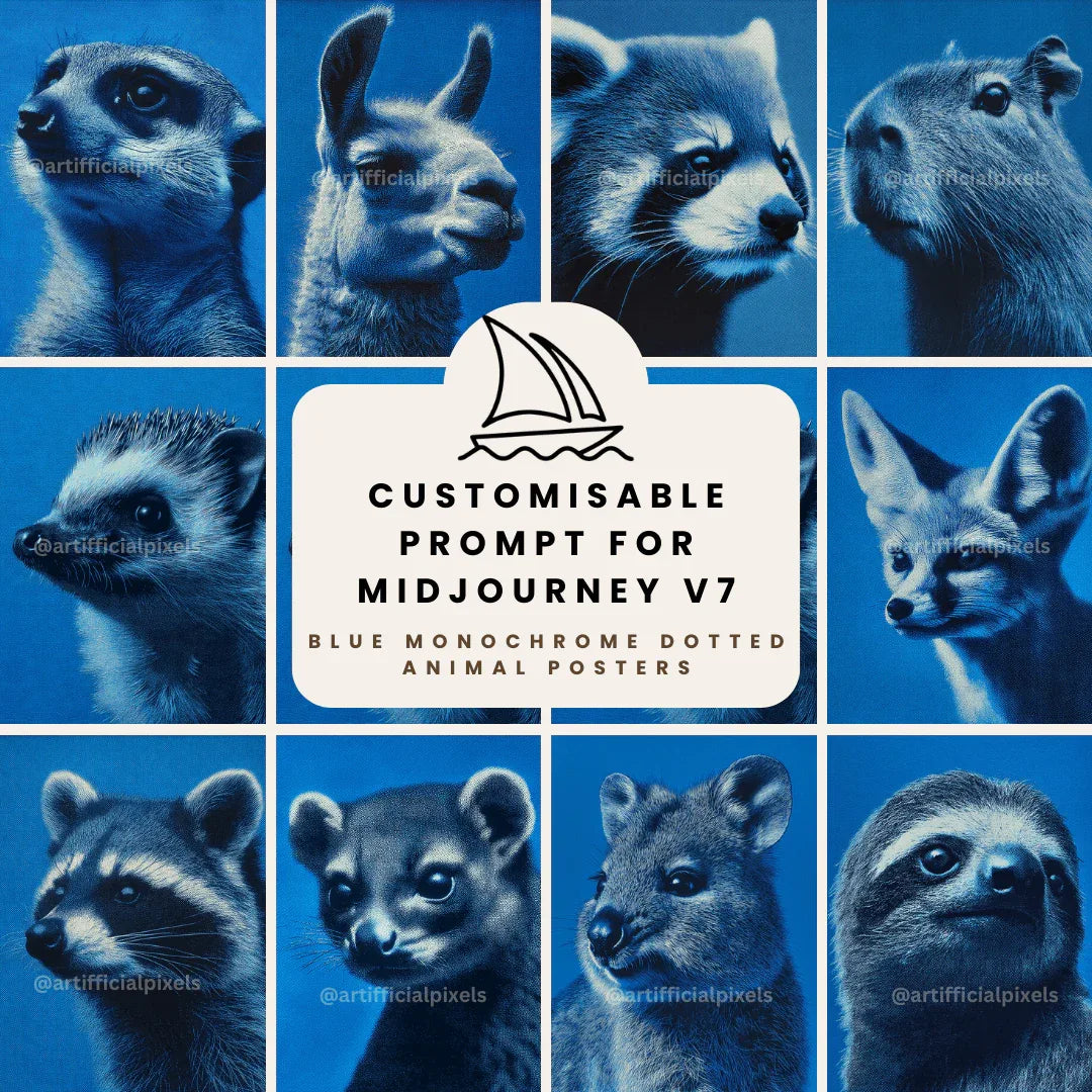 Midjourney Prompt for Blue Monochrome Animal Pointillism Posters - CITTRA Collective